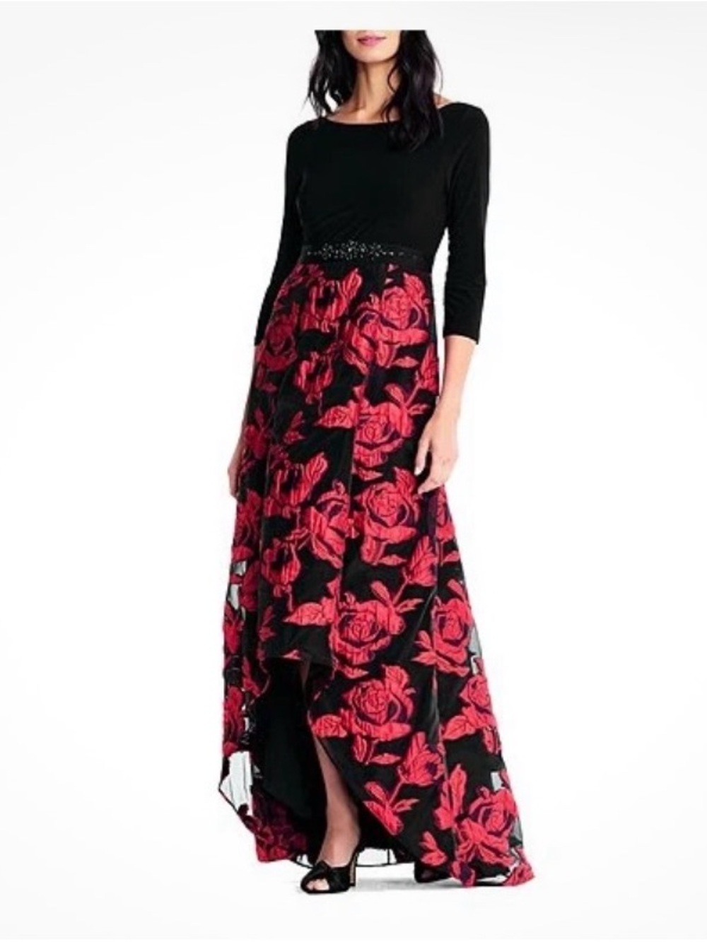 Adrianna Papell Black Bodice High-Low Gown with Red Rose Print